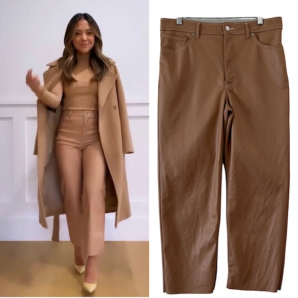 Express Pants - Express Straight Super High Rise Leather Pants Size 10 Camel Tan Fleece Lined